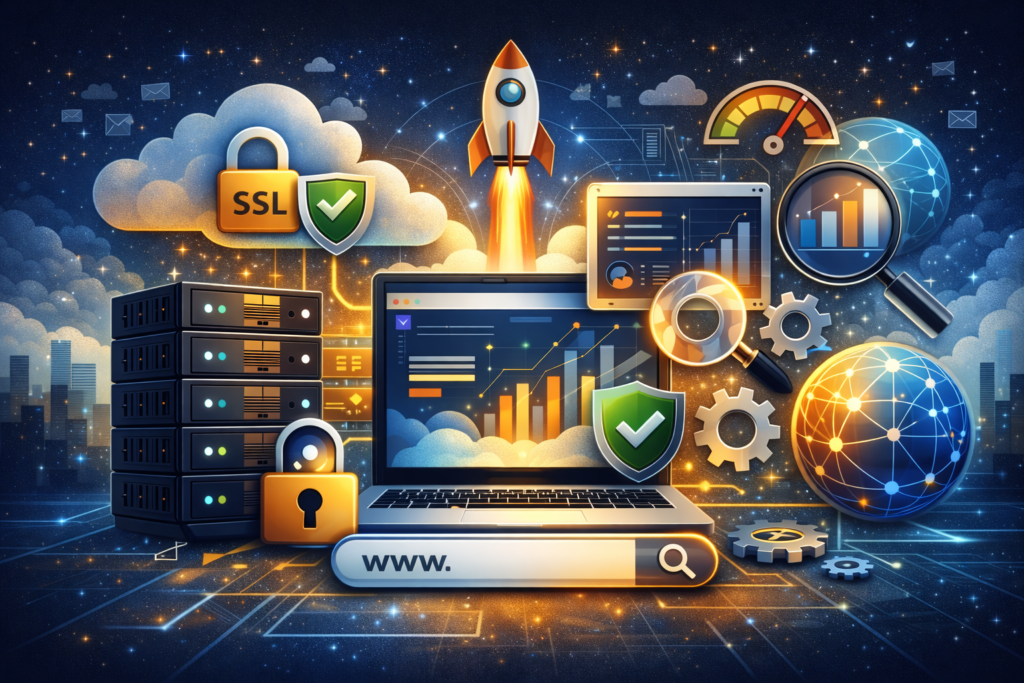 Futuristic digital illustration showing web hosting and server management with glowing servers, cloud security, a rocket launch, magnifying glass, network globe, and analytics dashboards, representing secure and high-performance website infrastructure.