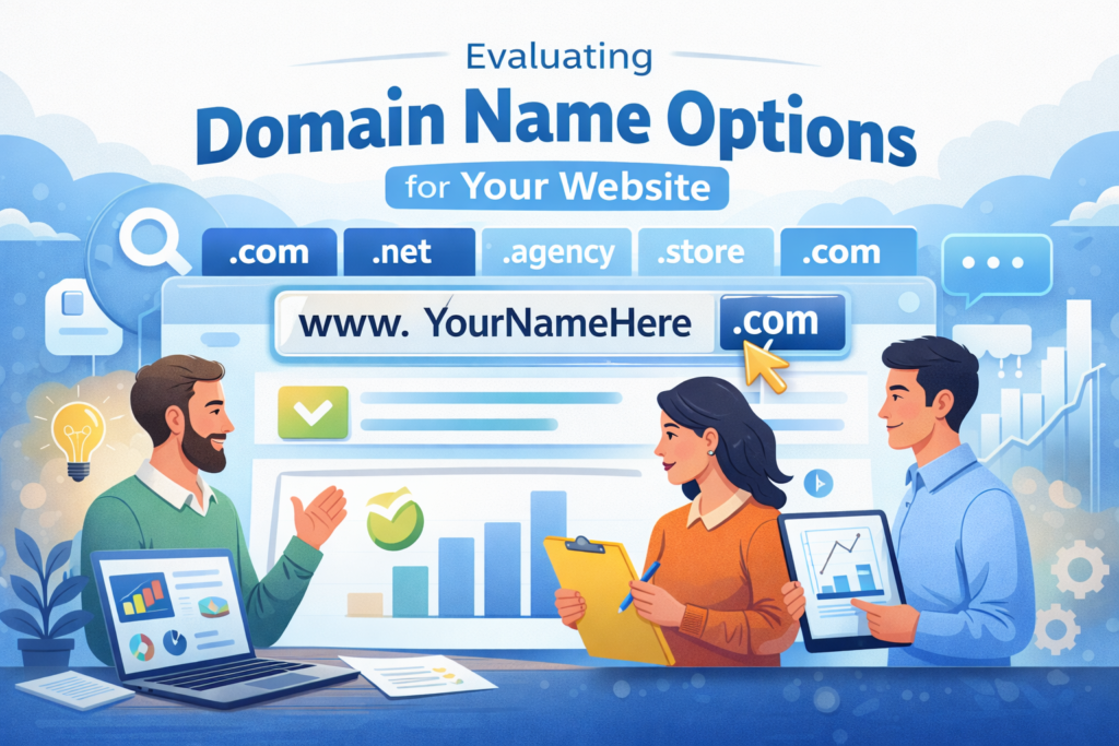 Team collaborating to evaluate domain name options with laptop, charts, and domain extensions like .com, .net, and .store.