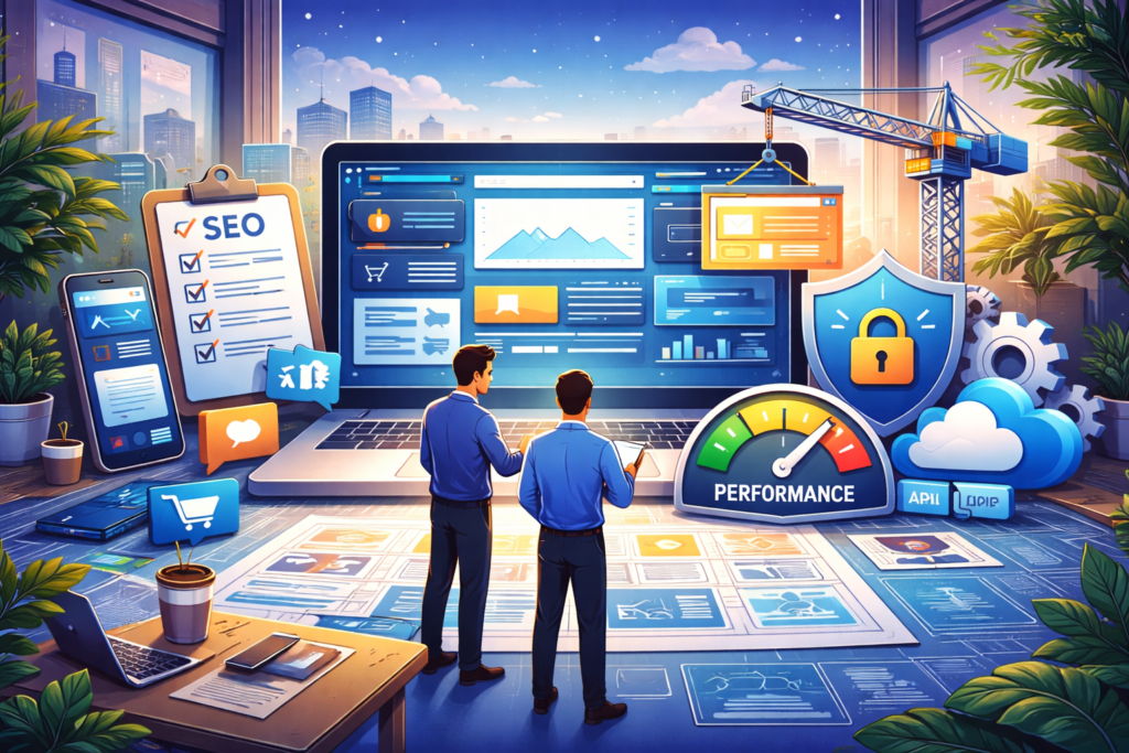 Vibrant abstract illustration of website creation, showing professionals analyzing digital wireframes, cloud icons, performance meters, and UX/UI elements in a modern, futuristic workspace.