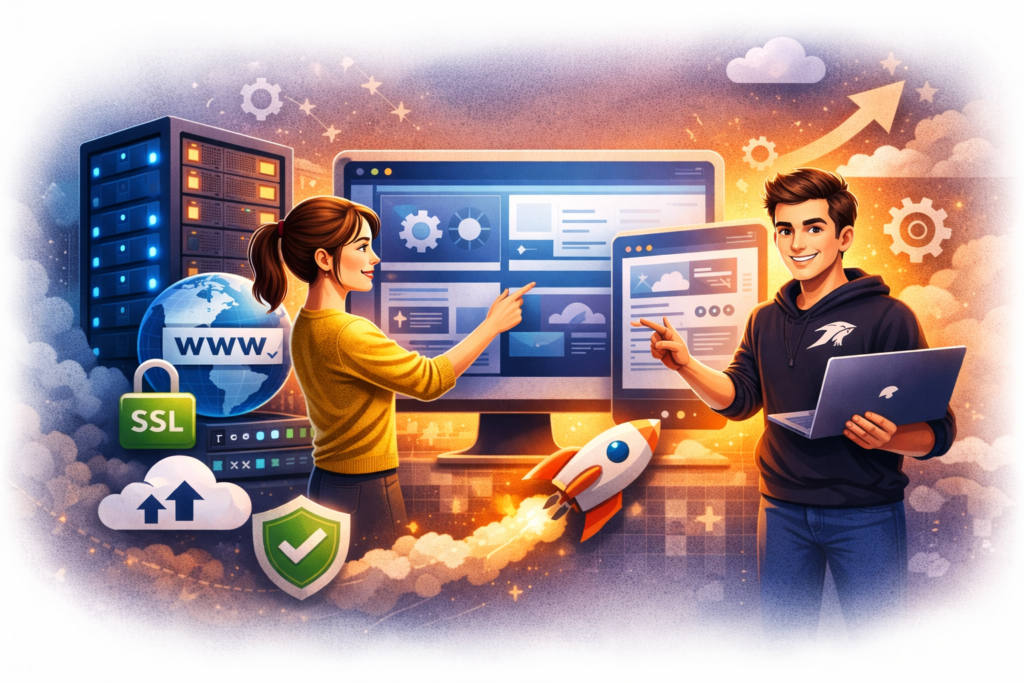 Minimalistic digital illustration of web hosting concepts including servers, cloud storage, SSL, and WWW globe, reflecting Ravens Digital’s expertise in website setup and hosting.